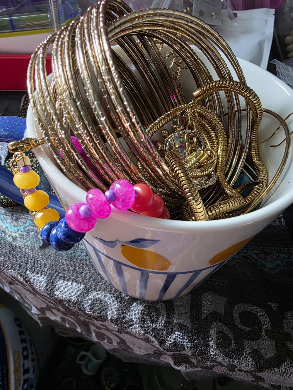 Gold-Tone Stacked Bangle Bracelet Set with Multicolor Bead Accent